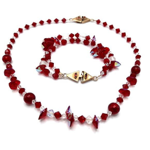 Vintage Red Clear Crystal Necklace Bracelet Set, Artisan Gemstone Clasps - Picture 8 of 9